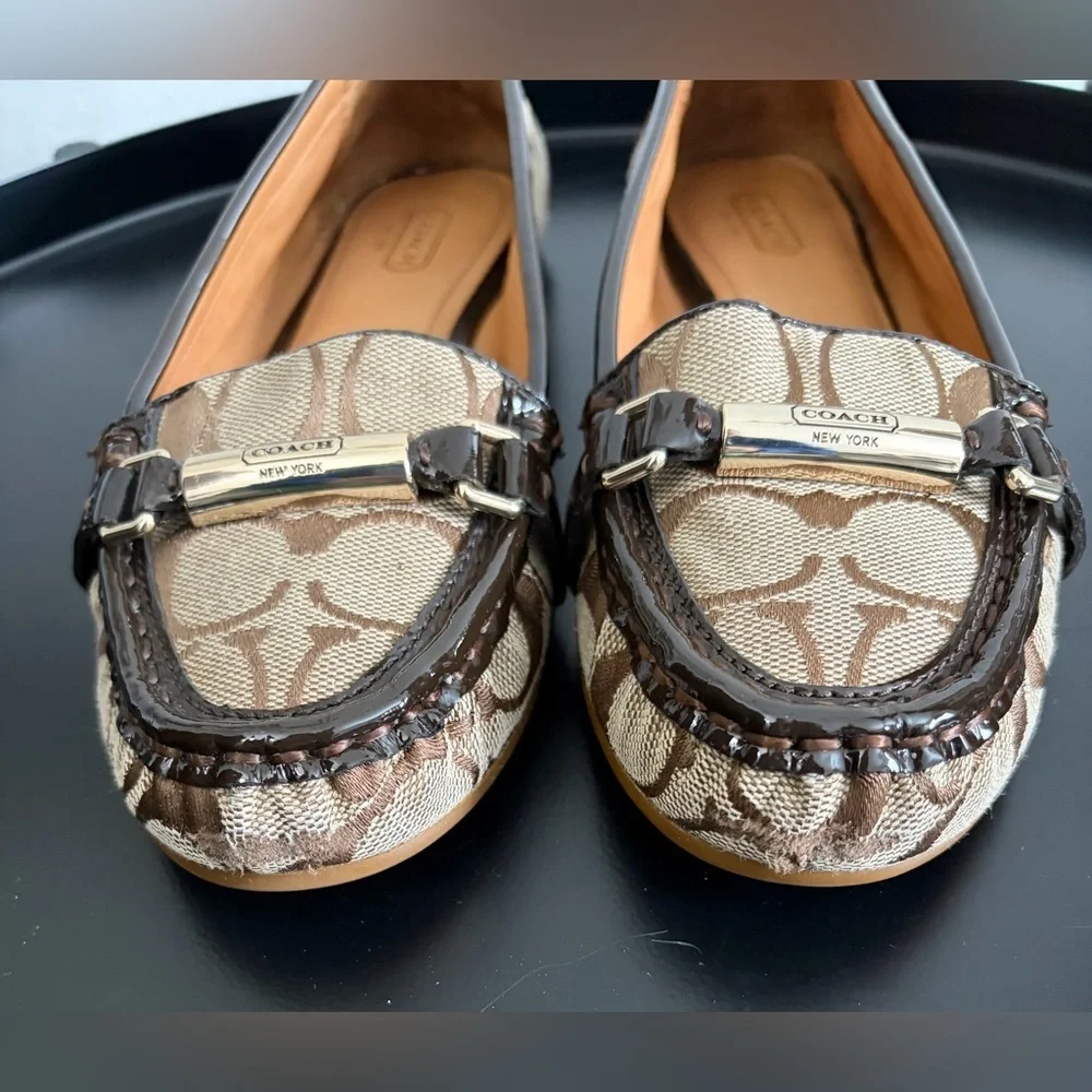 Coach Beige Signature Jacquard Loafers with Brown Patent Trim